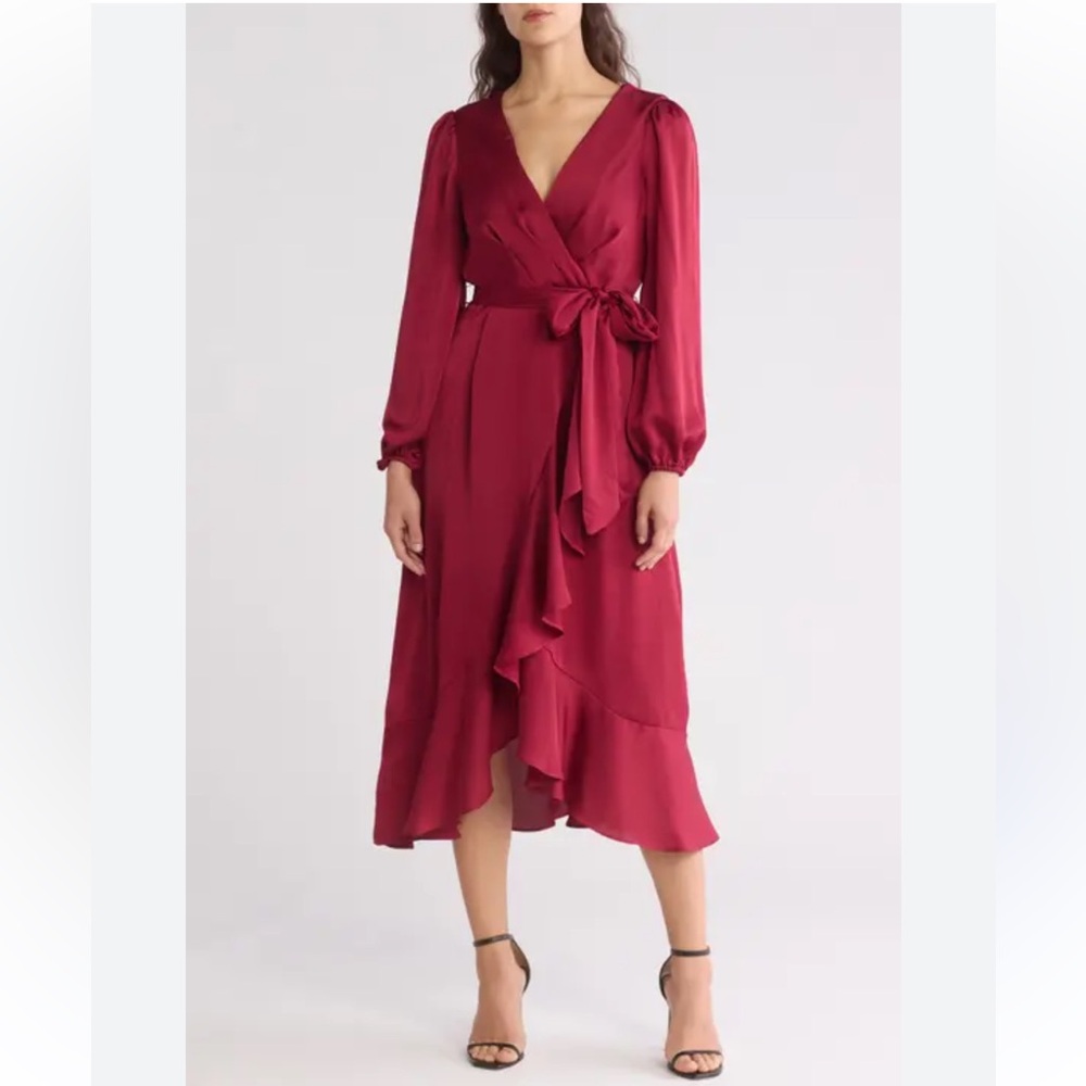 TAHARI ASL Red Long Sleeve Lined Surplice Faux Wrap Satin Midi Dress *No Sash*